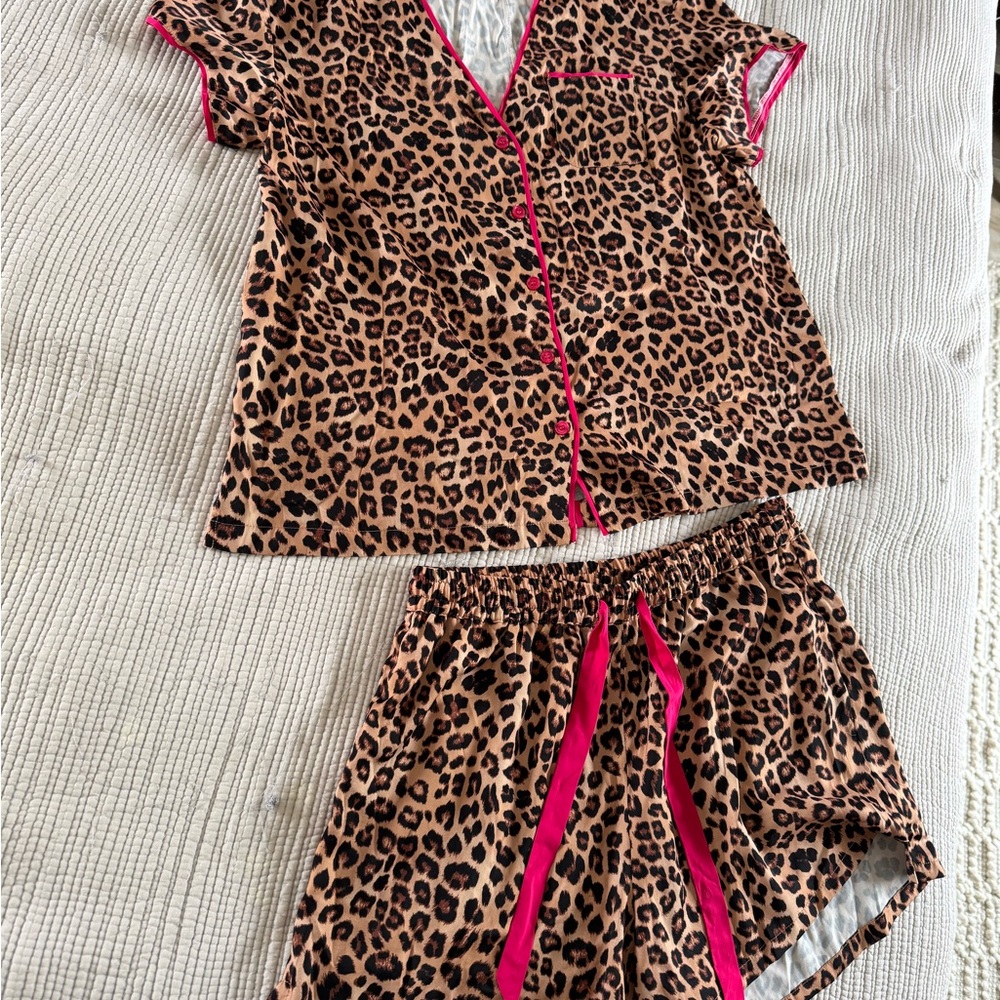 Leopard Print Pajama Set with Pink Accents